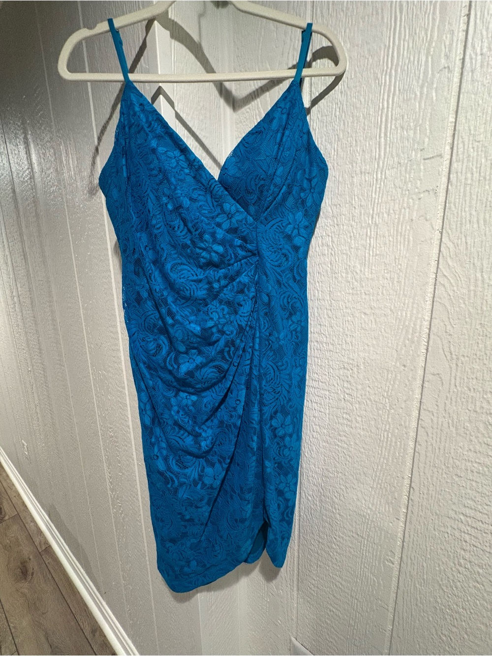 Guess Teal Blue Lace Draped Spaghetti Strap Mini Dress